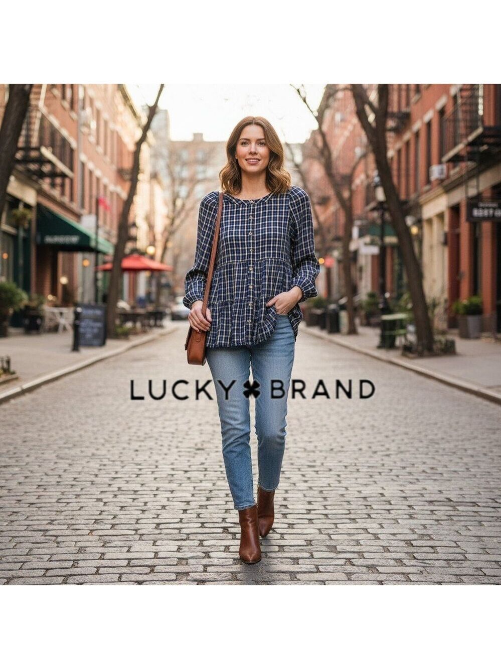 Lucky Brand Plaid Babydoll Blouse Blue Tiered Peplum Top Boho Size Small